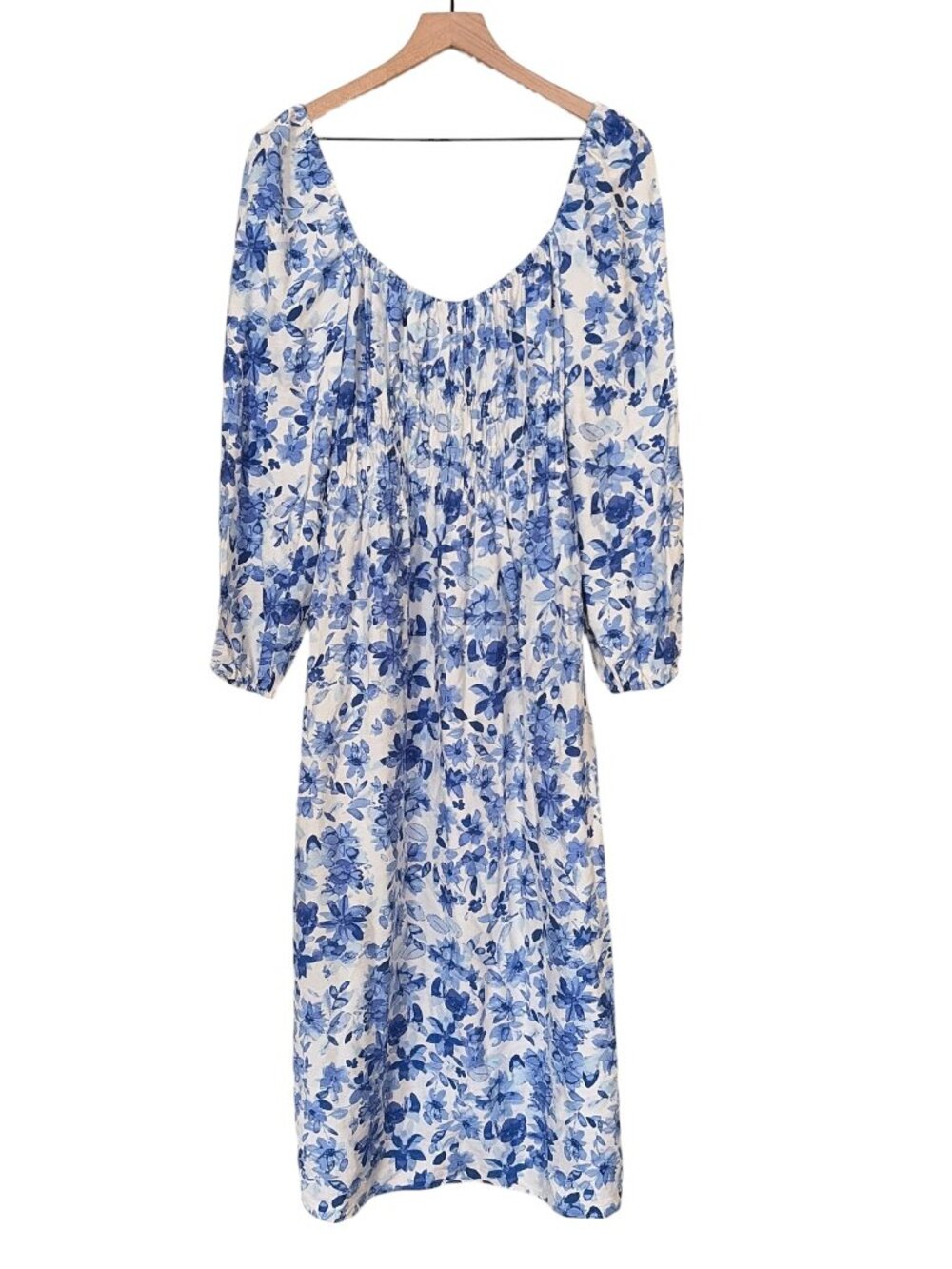 NWT H&M Blue White Floral Long Balloon Sleeved Smocked Midi Dress